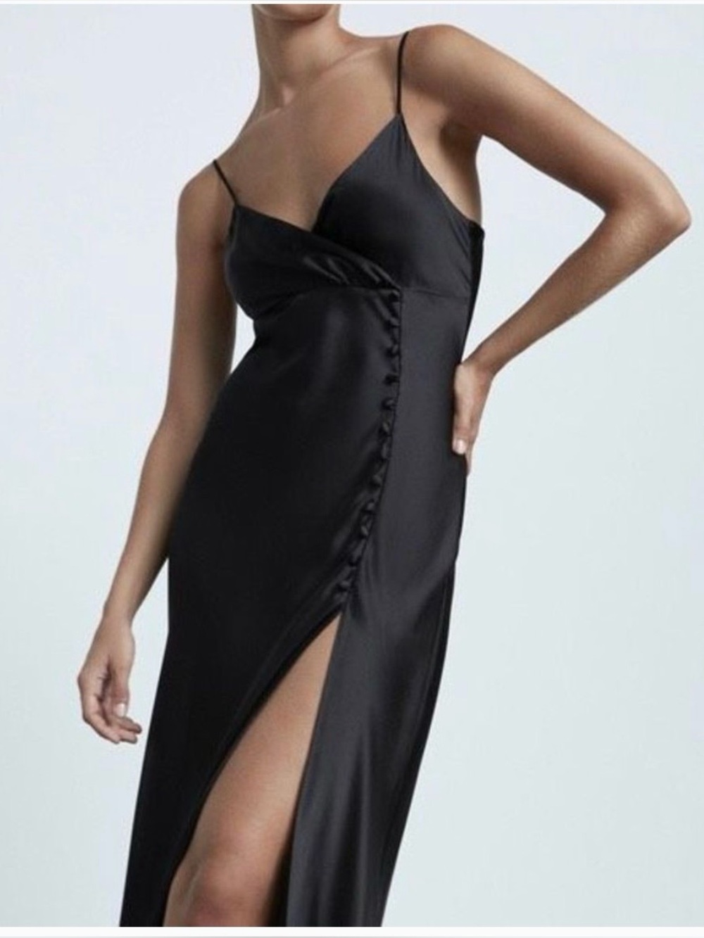 Zara Black Satin Maxi Dress Button Front Slit